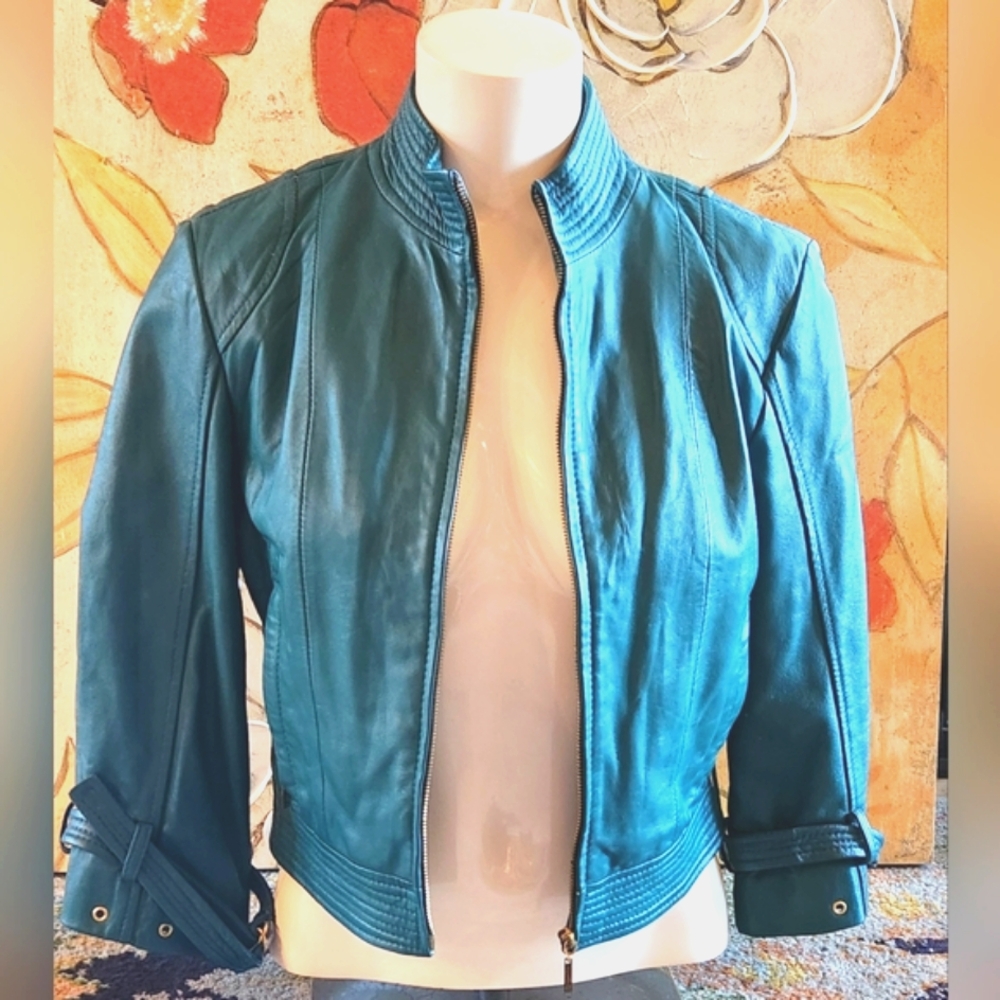 ARDEN B Teal TURQUOISE Lambskin Leather Bomber Zipper Pocket Buckles Jacket M 34